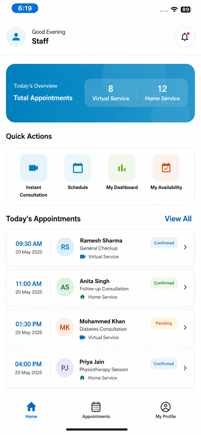 The provider app's home screen: today's virtual and home service totals, quick actions, and the day's appointment list