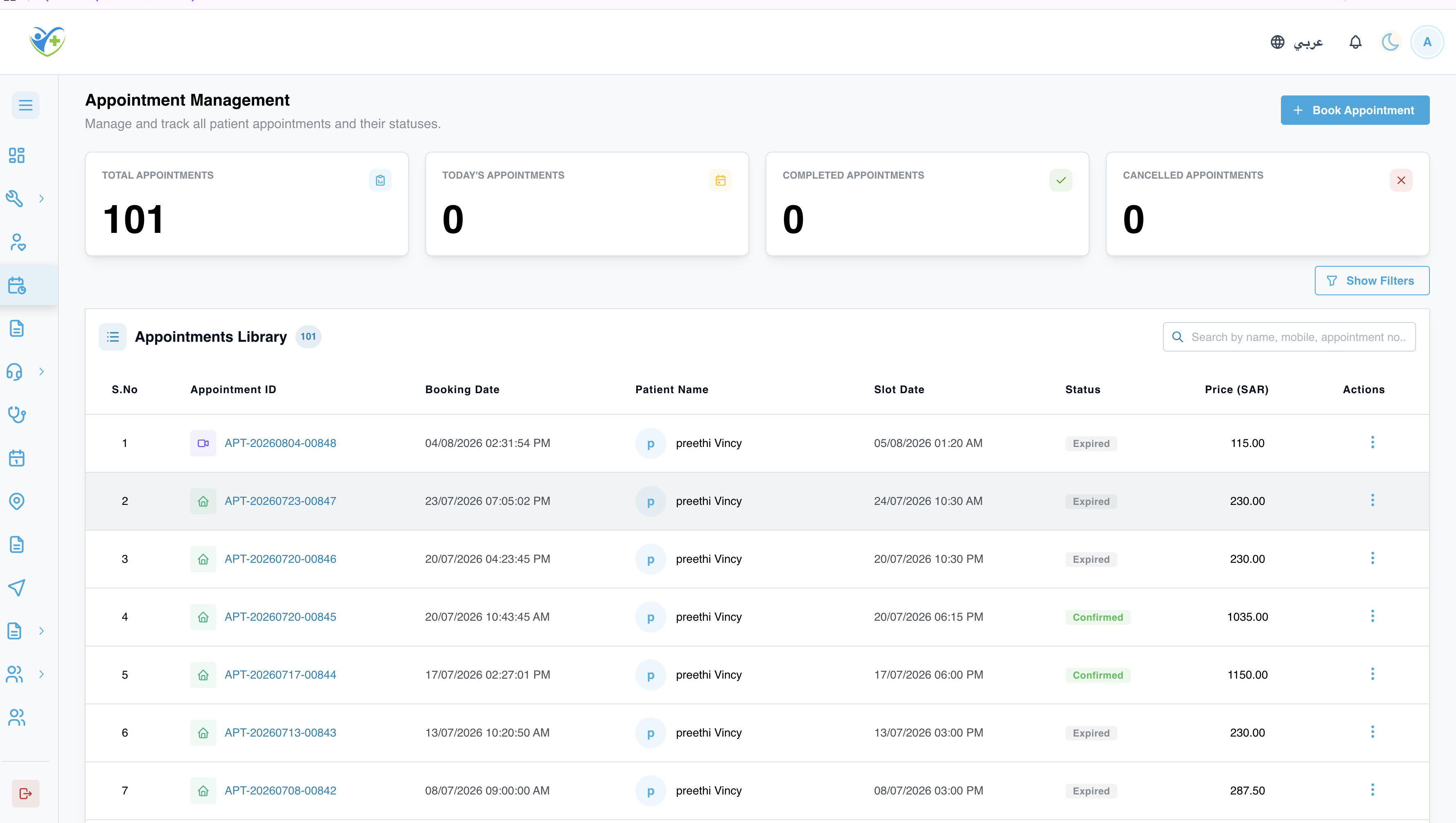 The admin portal's appointment management screen: appointment totals, and a table of appointments with IDs, dates, status and price